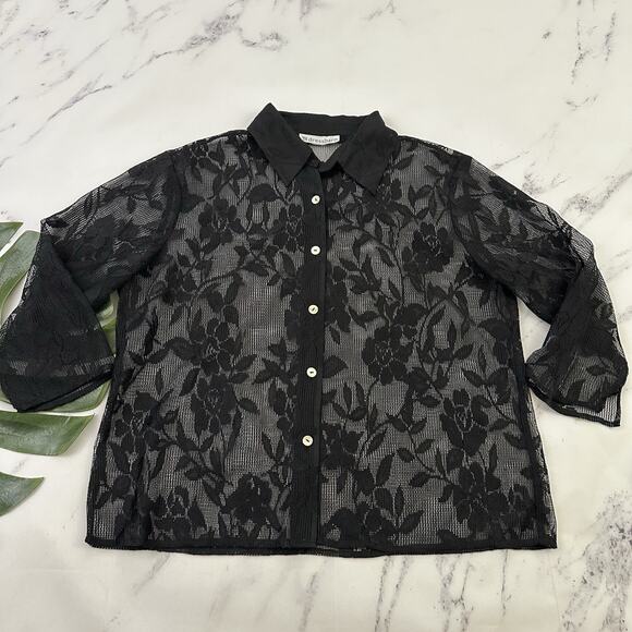 Fashion Bug Womens Vintage Y2k Lace Top Size L Black Sheer Floral Button Up - Picture 1 of 11